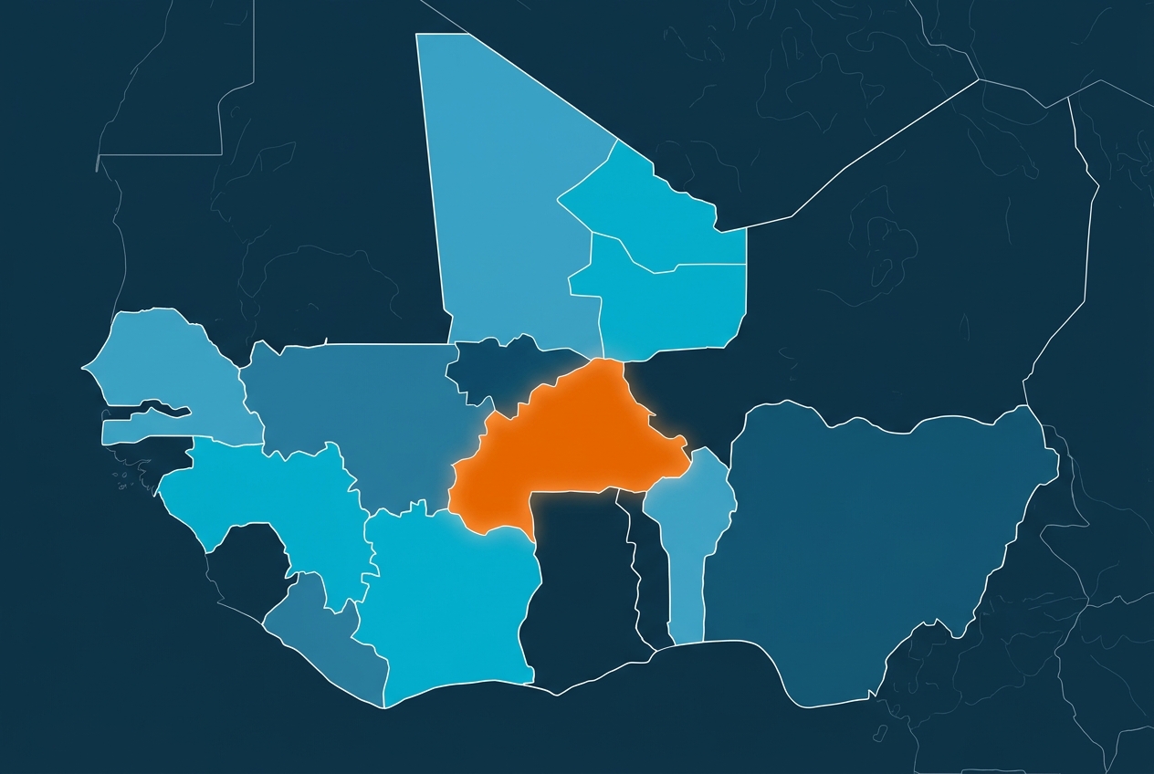 An illustrative cartographic diagram of a West African administrative region subdivided into eight to twelve distinct cyan and navy toned polygons representing Unit Areas of Insurance, one polygon highlighted in orange, with thin white boundary lines over a faint terrain suggestion.